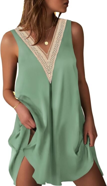 Ekouaer Womens Sleeveless Nightgown Satin Tank Sleep Shirt Guipure Lace V Neck Sleepwear Nightdress S-XXXL Ekouaer Womens Sleeveless Nightgown Satin Tank Sleep Shirt Guipure Lace V Neck Sleepwear Nightdress S-XXXL