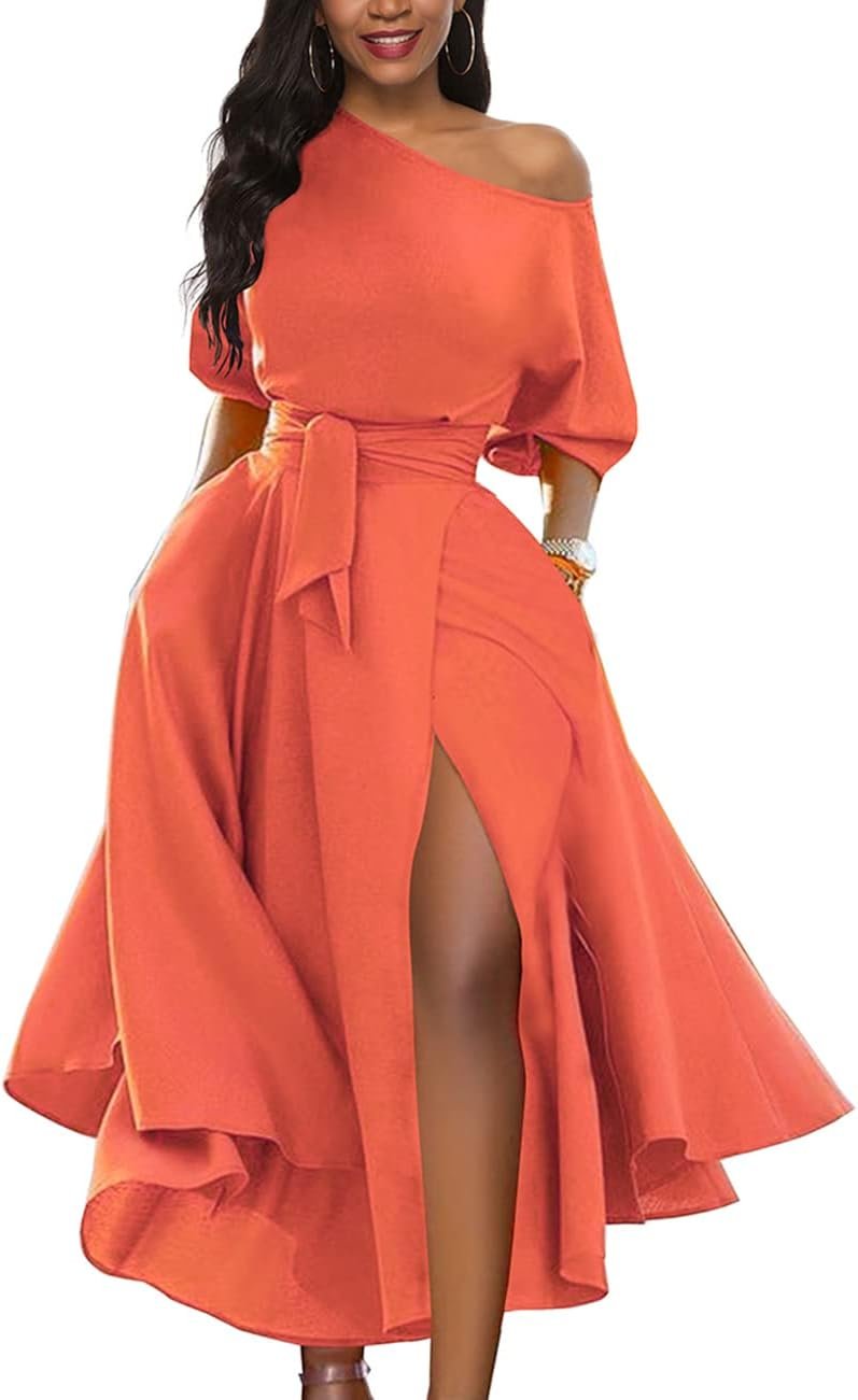 Girls’s Elegant Off Shoulder Brief Sleeve Belted Facet Slit Cocktail Occasion Swing Costume with Pockets Girls’s Elegant Off Shoulder Brief Sleeve Belted Facet Slit Cocktail Occasion Swing Costume with Pockets