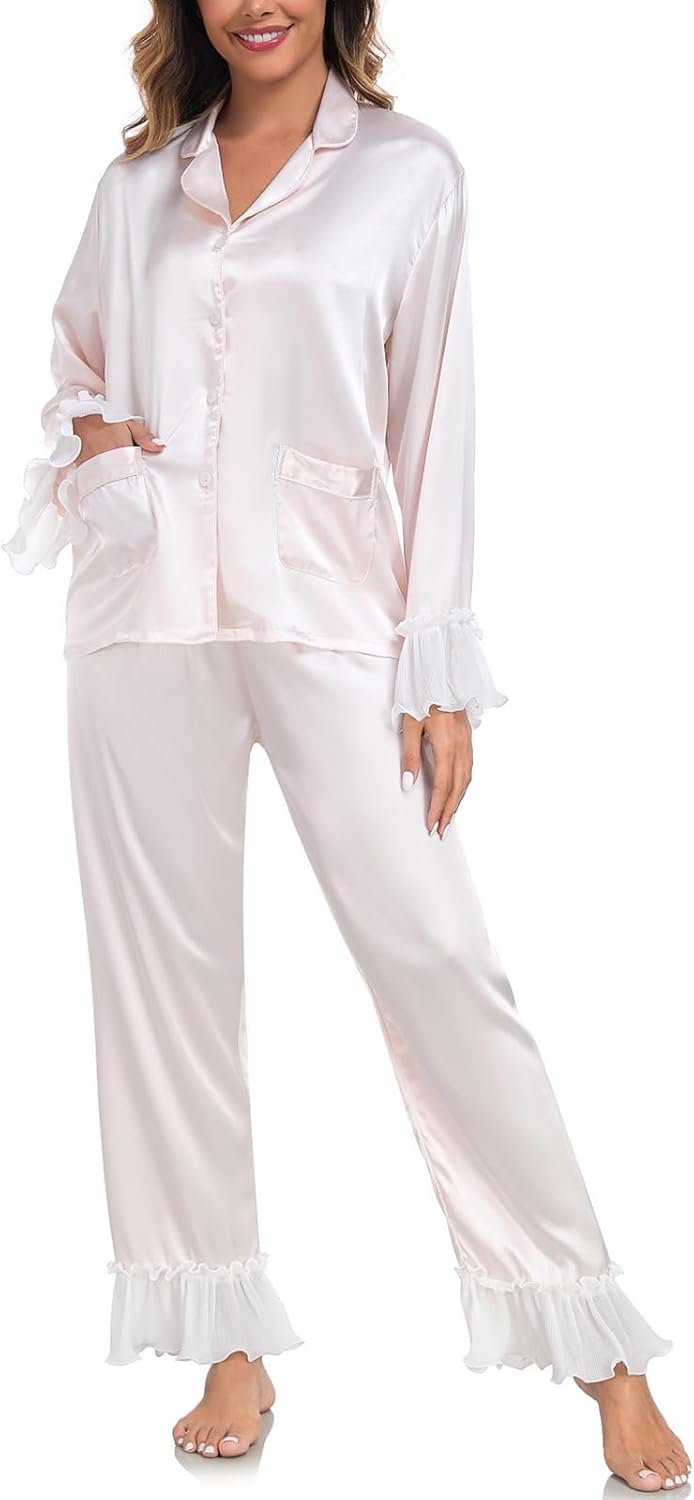 BestWendding Womens Silky Pajamas Ruffle Hem Long Sleeve Collar Shirt and Long Pants Button Up Lounge Sets with Pockets BestWendding Womens Silky Pajamas Ruffle Hem Long Sleeve Collar Shirt and Long Pants Button Up Lounge Sets with Pockets