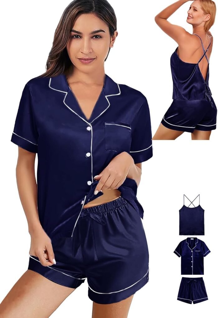 3Pcs Silk Pajamas Set for Women XS-4XL Satin Pajama Lingerie Pjs Cami Tops Silky Pj Sets Sleepwear Nightwear