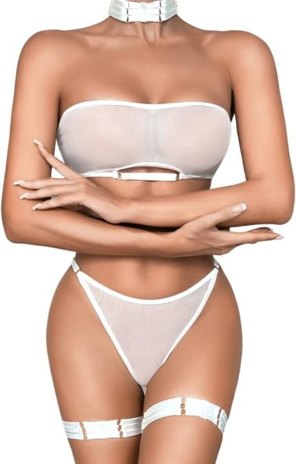 Kaei&Shi Sheer Mesh Lingerie Set, Attractive Bra And Panty 4PC, Strapless Choker