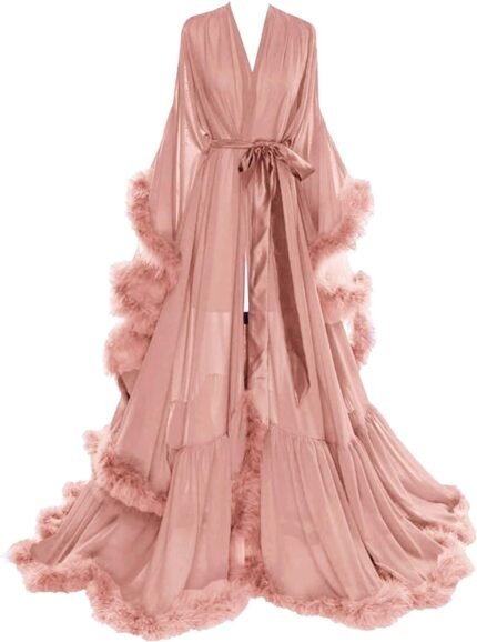 Molisa Womens Sexy Feather Bridal Robe Long Wedding Scarf Illusion Bathrobe Sleepwear Lingerie Robe Nightgown