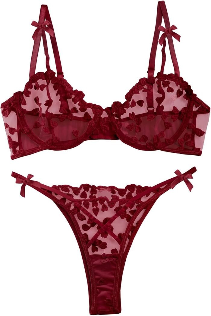 Lilosy Horny Underwire Cute Push Up Strappy Embroidered Mesh Sheer Lingerie Set See By way of Panty Bra
