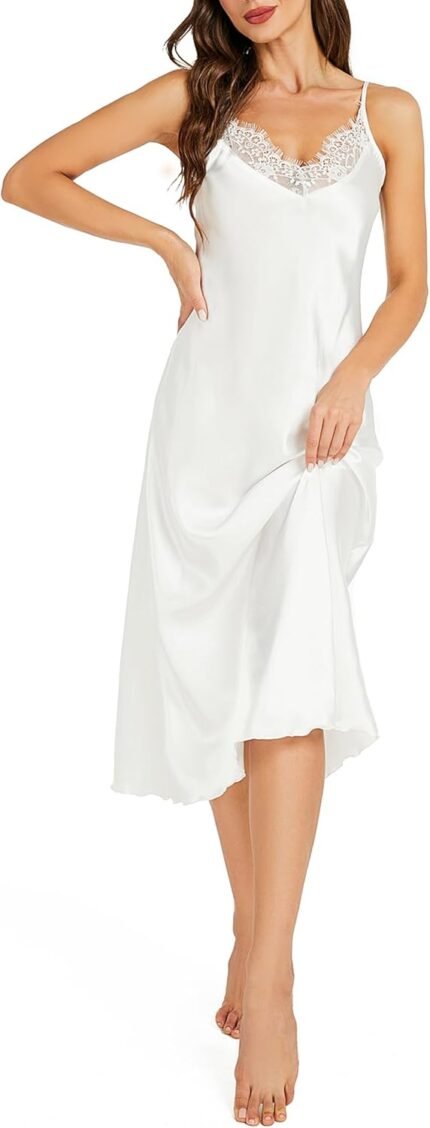 Litherday Silk Nightgown for Ladies Lengthy Satin Slip Costume Nightdress Silky Chemise Nightie Mushy V Neck Nightwear