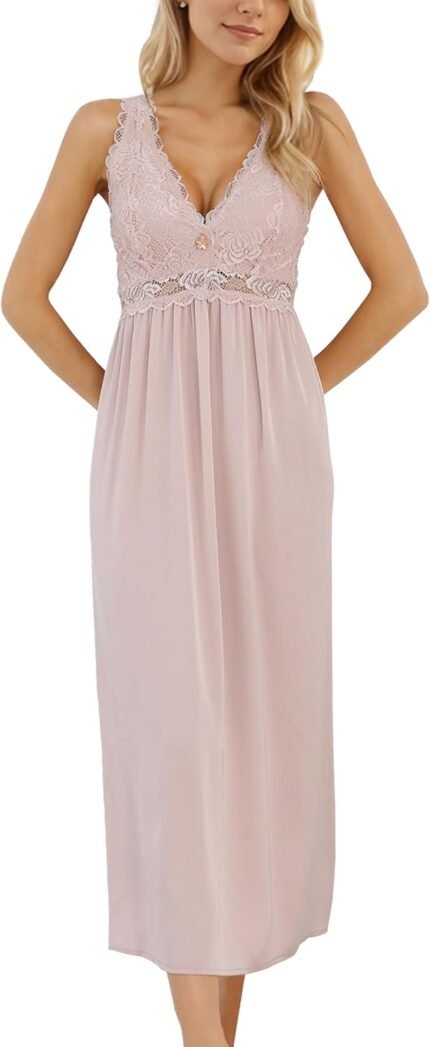 Mist Azur Womens Lengthy Nightgowns Lace Horny Lingerie V Neck Nightie Sleep Costume Sleeveless Sleepwear for Elegant Girls