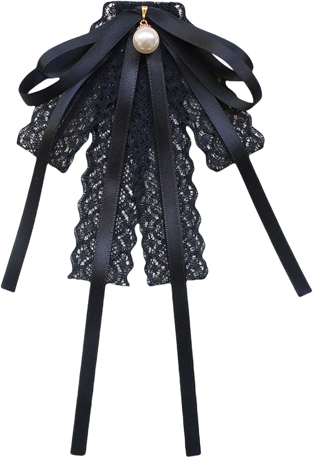 Womens Lace Ribbon Bowtie Brooch Pin Pupil Uniform Shirt Jabot Collar Pearls Pre Tied Bowknot Necktie Clip Lapel Pin
