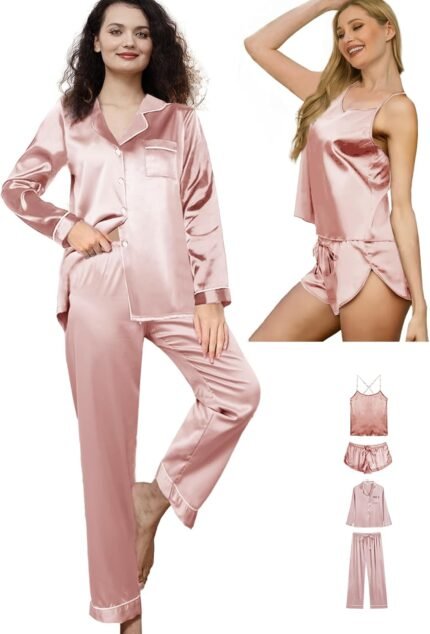 4Pcs Womens Silk Pajama Units Satin Pajamas Set Attractive Cami Lingerie Pjs Nightwear Silky Pj Loungewear Sleepwear 4Pcs Womens Silk Pajama Units Satin Pajamas Set Attractive Cami Lingerie Pjs Nightwear Silky Pj Loungewear Sleepwear
