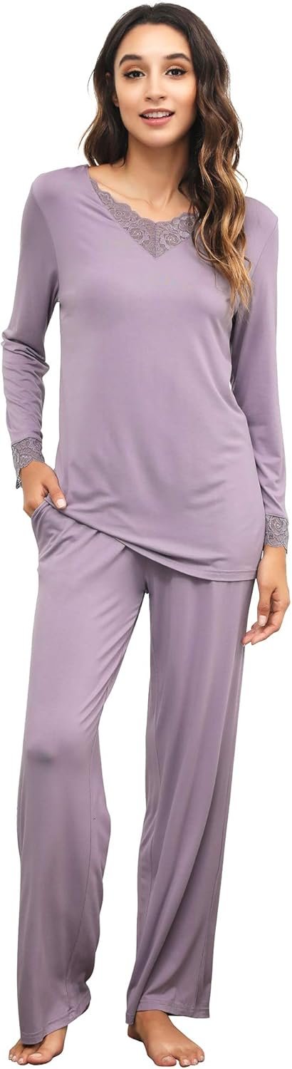 WiWi Viscose from Bamboo Pajamas Units for Ladies Lengthy Sleeve Sleepwear Delicate V Neck Prime with Pants Plus Dimension Pjs S-4X