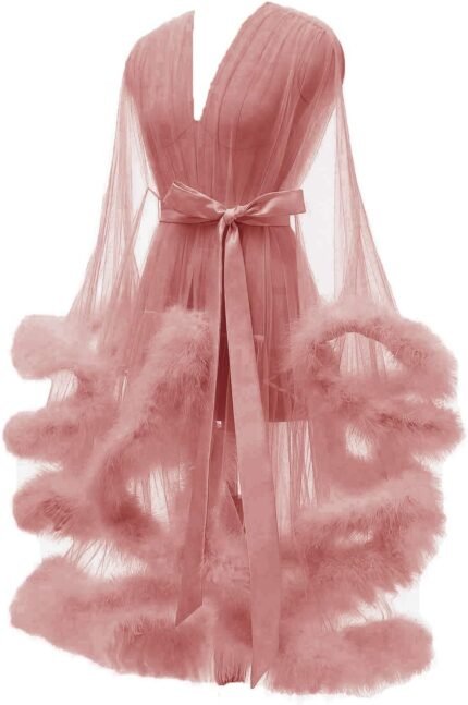Tulle Feather Robe Sexy Sheer Mesh Fur Bridal Illusion Boudoir Bathrobe Nightgown Christmas Lingerie