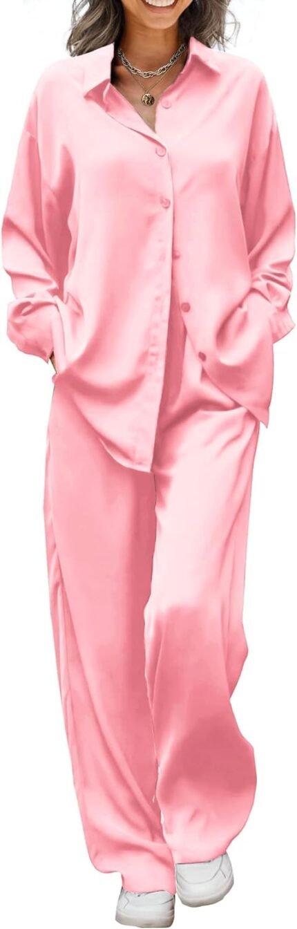 Ekouaer Womens Satin Silky Pajama Set 2 Piece Print PJs Soft Loungewear Button Down Sleepwear with Elastic Waist Long Pants