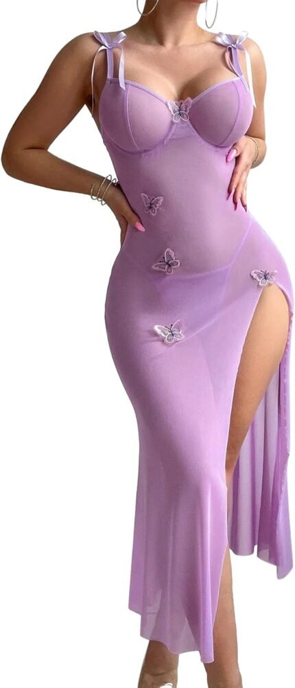 Attractive Butterfly Break up Leg Underwire Sheer Mesh Maxi Lingerie Gown with Thong 2 Piece Set Attractive Butterfly Break up Leg Underwire Sheer Mesh Maxi Lingerie Gown with Thong 2 Piece Set