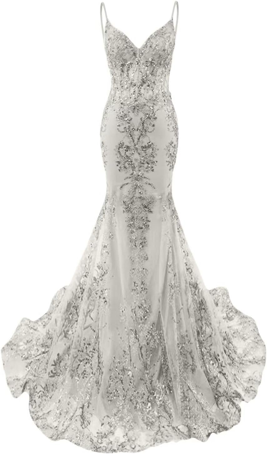 Sparkly Sequin Mermaid Promenade Gown for Ladies 2025 Lace Applique Formal Night Clothes V Neck Straps Backless Occasion Robes P36