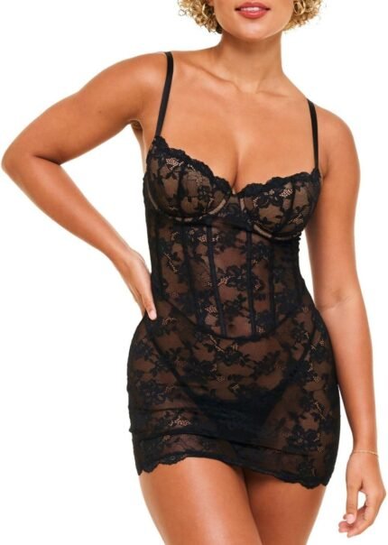 Adore Me Brielle Babydoll Costume & G-String Thong – XS-4X Common & Plus-Measurement Lace Lingerie Set, Underwire Corset High & Thong