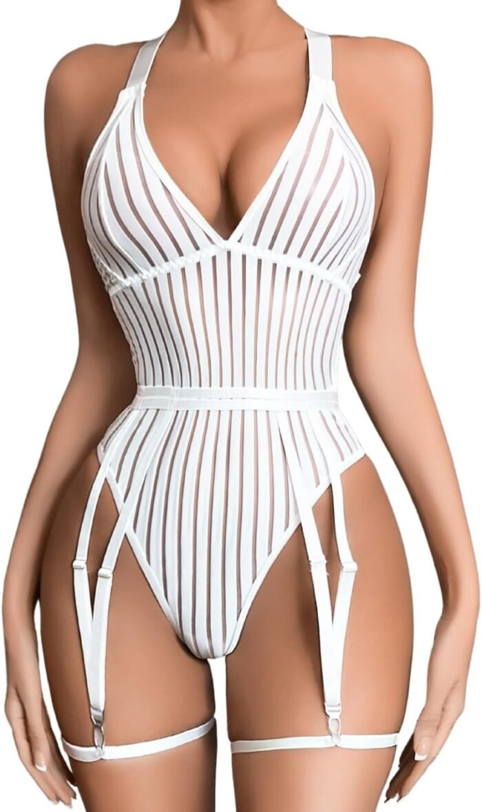 Kaei&Shi Attractive Ribbed High,Plunge V, Snap Crotch, Leg Strap, Backless 3Pc Bodysuit