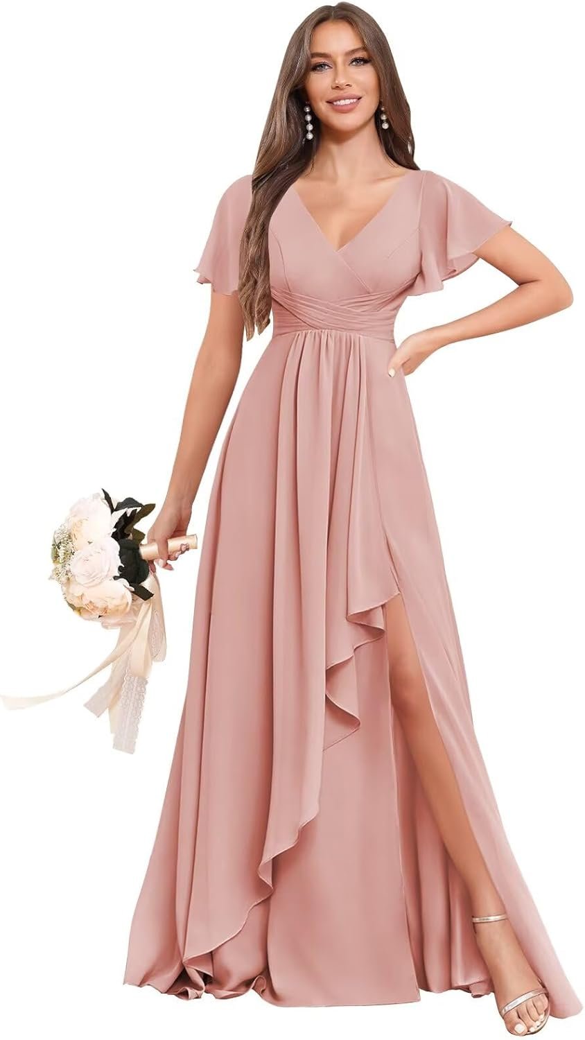 BOLENSYE Ladies’s V Neck Bridesmaid Attire with Slit Ruffle Sleeve A Line Chiffon Formal Night Celebration Robe