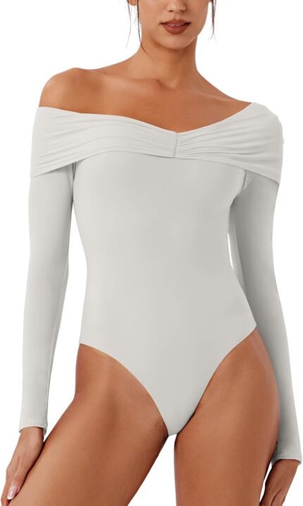 REORIA Girls’s Lengthy Sleeve Indirect-Shoulder Double Layer Ruched Attractive Bodysuit 2025 Fall/Winter Designer Assortment