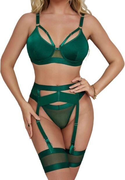 Garter Lingerie for Women,Sexy Lace Lingerie,Sheer Matching 4 Piece Lingerie Set