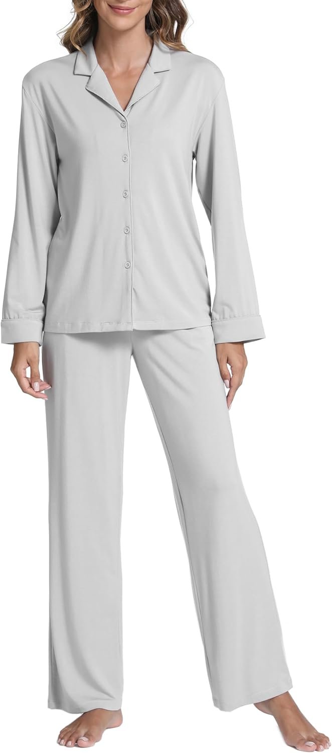 Ladies’s Modal Pajamas – Luxurious Sleepwear Set with Lengthy Sleeve Button-Up Shirt & Relaxed Match Pants,Gray,Black