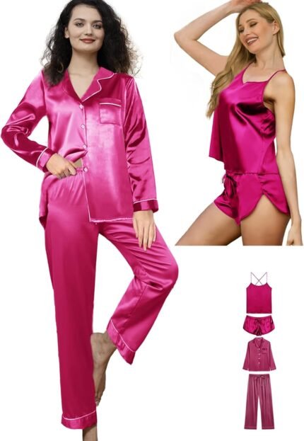 4Pcs Womens Silk Pajama Units Satin Pajamas Set Horny Cami Lingerie Pjs Nightwear Silky Pj Loungewear Sleepwear