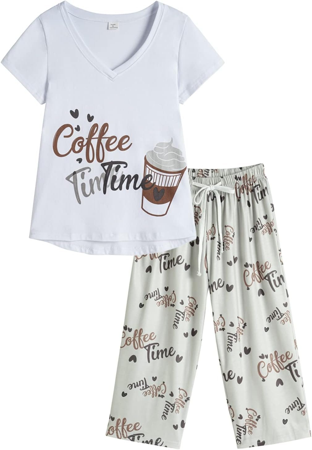 YIJIU Ladies Mushy Cozy Pajamas Cute Cat Brief Sleeve Capri Pants PJS Set