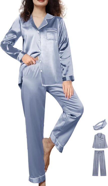 Womens 3Pcs Satin Pajamas Set Silk Pajama Units XS-3XL Lengthy Silky Pj Units Nightwear Pjs Set Sleepwear Loungewear