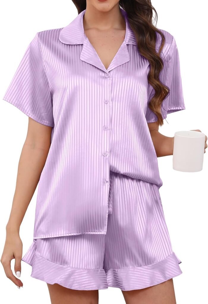 Girls’s Satin Pajamas, Brief Sleeve High and Shorts Sleepwear Set Pajamas,Relaxed 2-Piece Pajamas XS-XXL