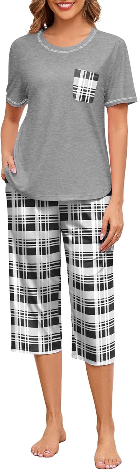 Womens Cotton Pajama Units Quick Sleeve Capri Pants 2 Piece Lounge Set Print Loungewear Sleepwear Pj Set with Pockets