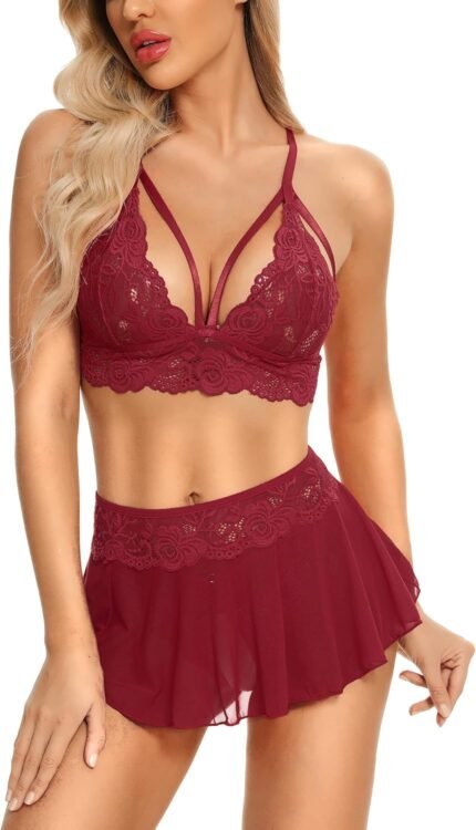 Genhoo Horny Lingerie Units for Ladies Naughty 3 Piece Lace Bralette, Mini Skirt with G-String Teddy Lingerie Babydoll Set