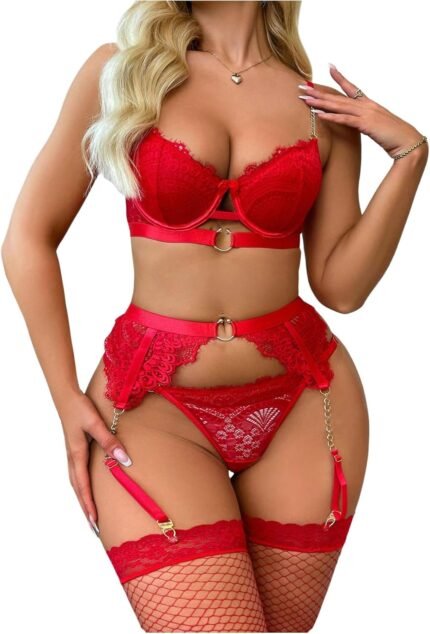SOLY HUX Girls’s Garter Lingerie Lace Sheer Underwire Bra and Panty Attractive Nightwear with Stockings Underwear Set SOLY HUX Girls’s Garter Lingerie Lace Sheer Underwire Bra and Panty Attractive Nightwear with Stockings Underwear Set
