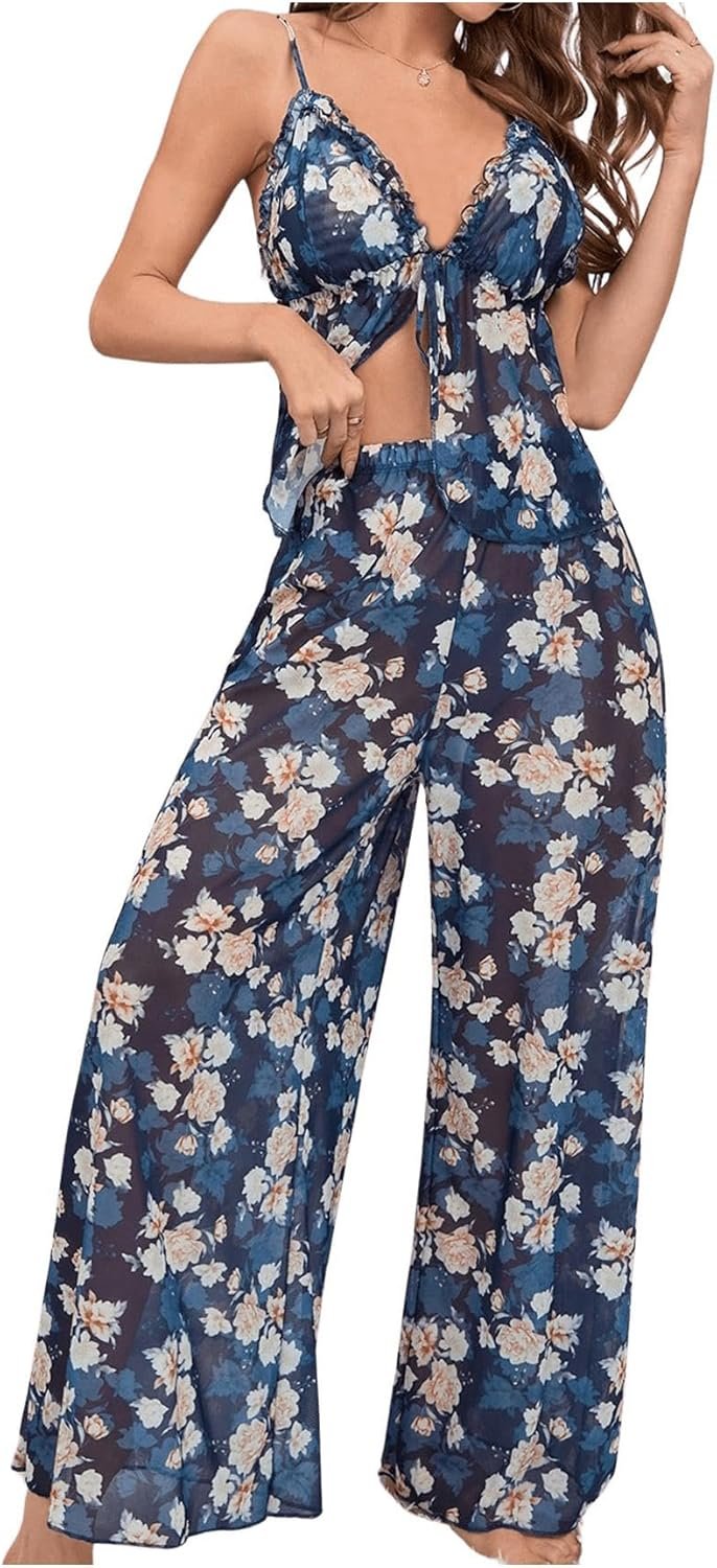 Verdusa Women’s 2 Piece Floral Print Mesh Pajama Sets Tie Front V Neck Cami Top and Pants