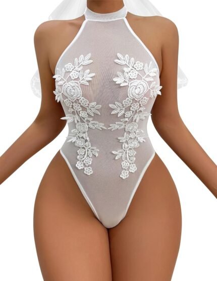 Women Teddy Lingerie Sexy Mesh Bodysuit Halter Snap Crotch Body Suits Sheer Emboroidered One Piece Babydoll