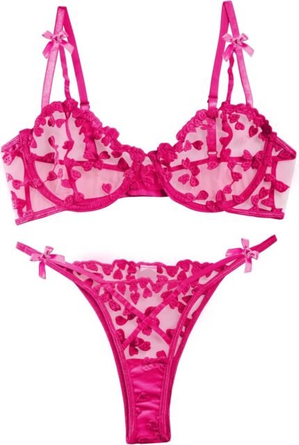 Lilosy Attractive Underwire Cute Push Up Strappy Embroidered Mesh Sheer Lingerie Set See By means of Panty Bra