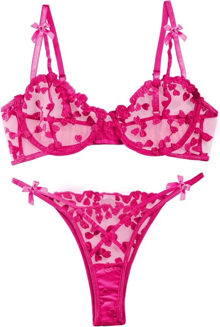 Lilosy Attractive Underwire Cute Push Up Strappy Embroidered Mesh Sheer Lingerie Set See By means of Panty Bra