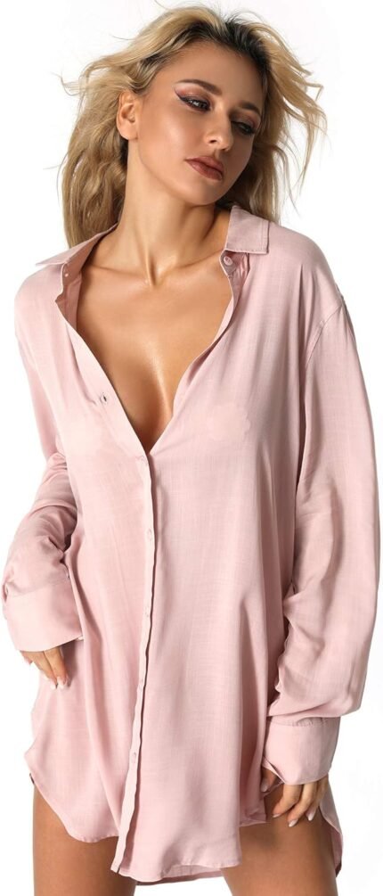 TOUSYEA Sleep Shirts for Ladies Button Down Shirts Lengthy Sleeve Sleepwear Swimsuit Cowl Ups Comfortable Pajama Tops TOUSYEA Sleep Shirts for Ladies Button Down Shirts Lengthy Sleeve Sleepwear Swimsuit Cowl Ups Comfortable Pajama Tops