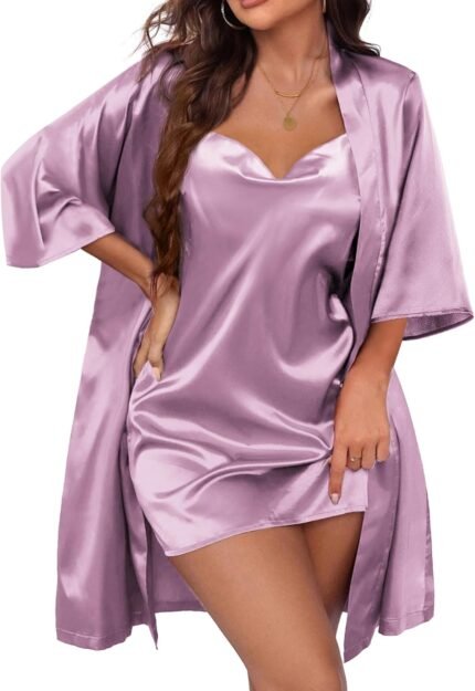 Ekouaer Girls’s Satin Gown Set Nightgown with Robes Silk Pajama Set 2 Items Lingerie Cowl Neck Cami Sleepwear Units