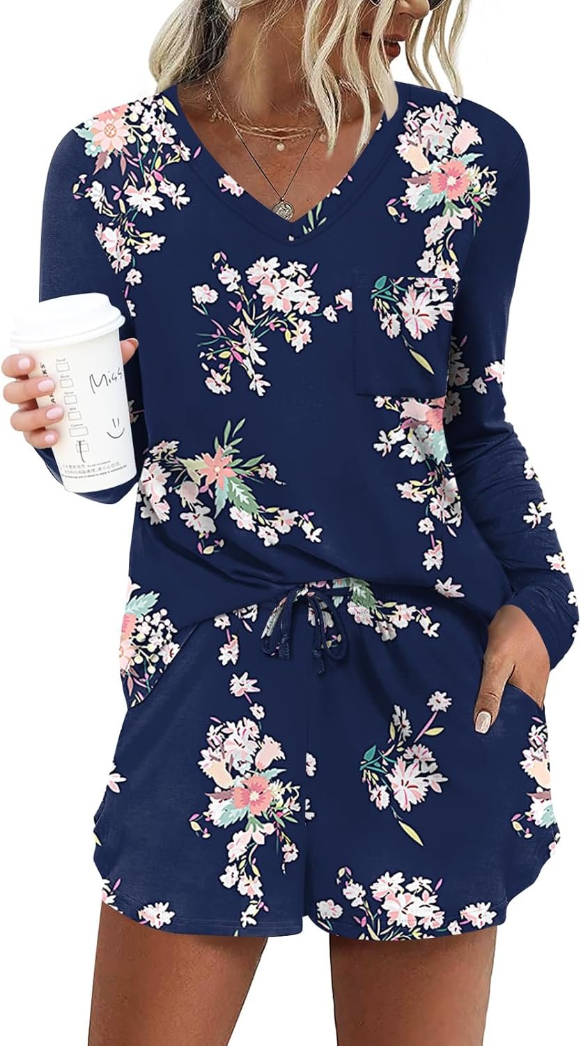 DB MOON Womens Long Sleeve Lounge Set 2 Piece Cute Short Pajamas Sets With Pockets Sleep Wear