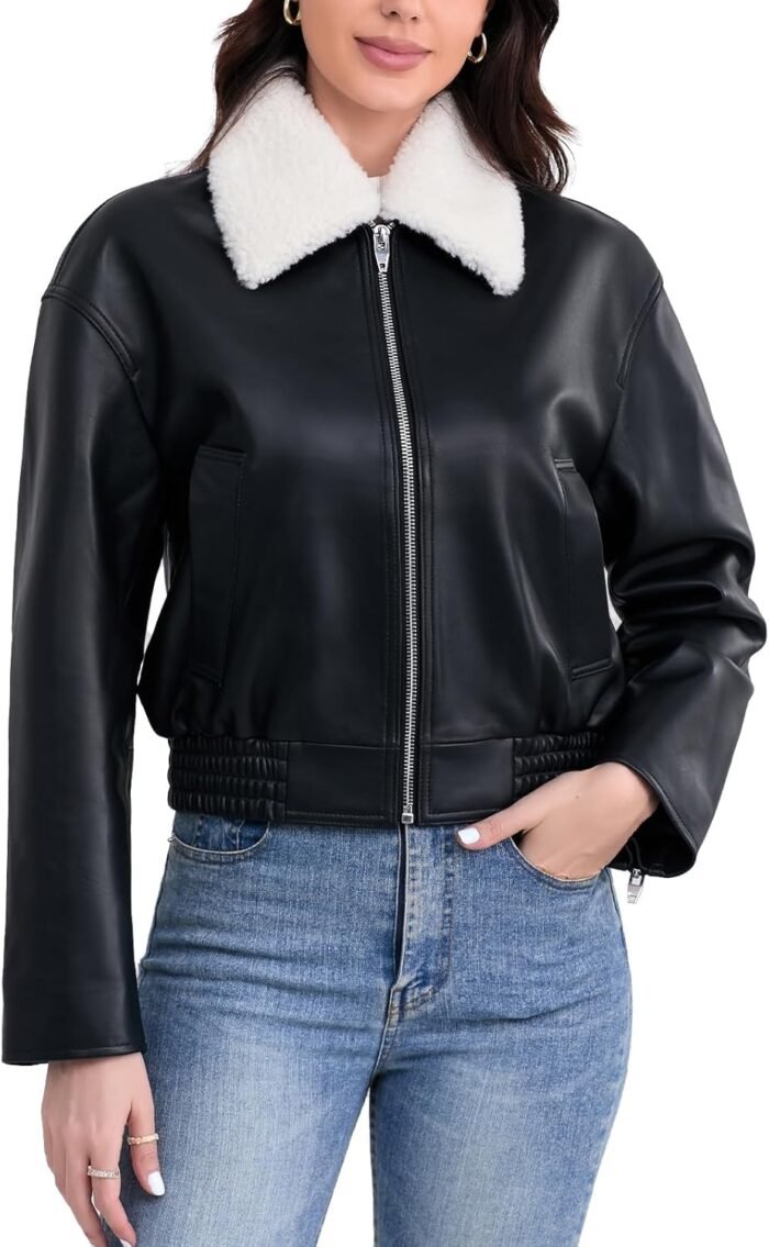 Leather-based Jacket Ladies,Cropped Lambskin Bomber Jacket,Detachable Sherpa Collar, Zip Entrance, Elasticized Hem