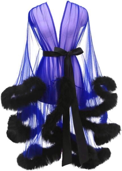Tulle Feather Robe Sexy Sheer Mesh Fur Bridal Illusion Boudoir Bathrobe Nightgown Christmas Lingerie