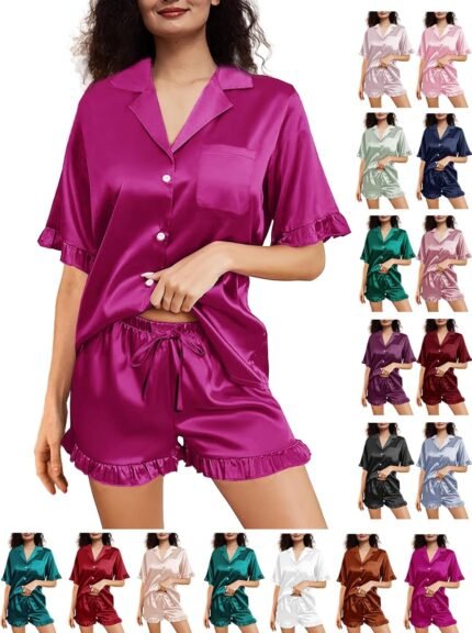 Womens Silk Pajamas Set XS-4XL Button Down Satin Pajama Units Silky Pj Set Ruffle Sleepwear Lounge Set Nightwear