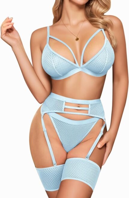 popiv Women’s Sexy Lingerie Set with Garter Belt Matching Bra and Panty Lingeries Sets 4 Piece