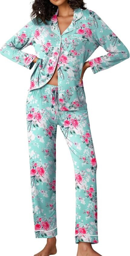 Ekouaer Pajamas Women’s Long Sleeve Sleepwear Soft Button Down Loungewear Pjs Lounge Set Nightwear XS-XXL