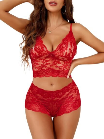 Lilosy Attractive Sheer Floral Lace Pajamas Lingerie Set Excessive Waist Sleepwear Bra and Panty 2 Piece Nightwear