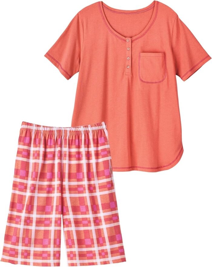 AmeriMark Women’s Short Pajama Set Checkered Woven Pants & Short Sleeve PJ Top