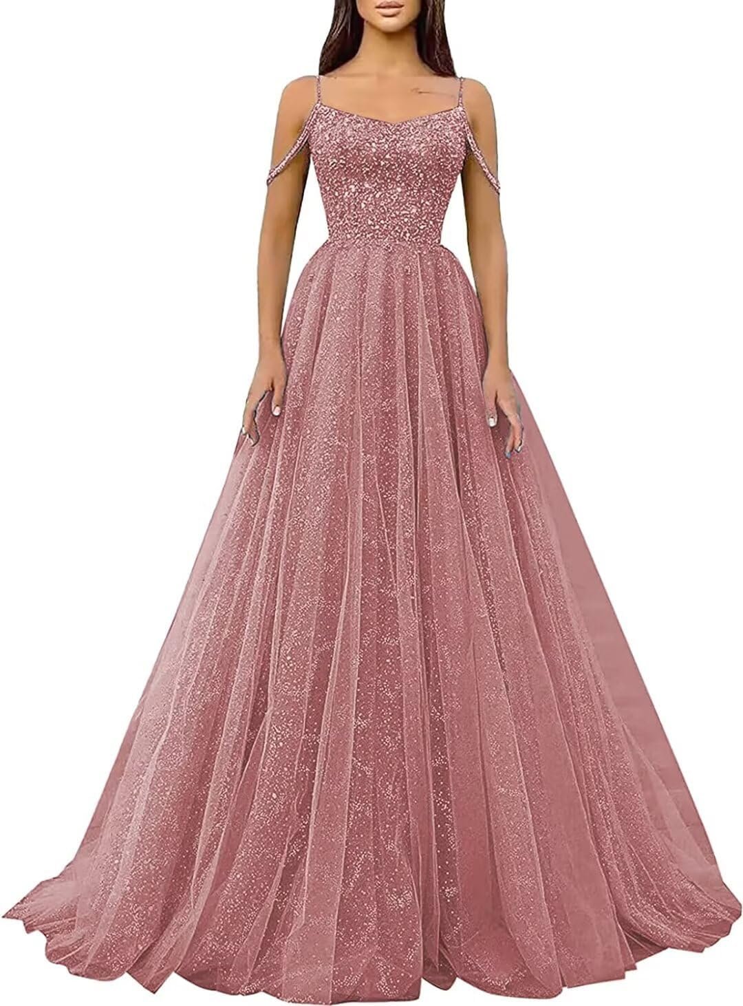 Off The Shoudler Tulle Promenade Attire 2025 Sparkly Sequin A-Line Formal Gown Night Get together Robes