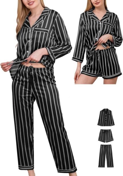 Womens 3Pcs Silk Satin Pajama Units Silky Pajamas Set With Shorts Stripe Pj Units XS-XXL Sleepwear Pjs Loungewear
