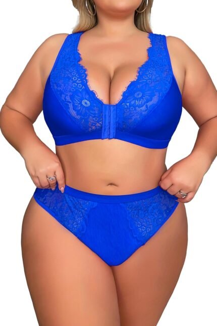 Ladies’s Plus Dimension 2 Piece Lingerie Set Attractive Sheer Bralatte 3/4 Cup Bra Panty Units Tremendous Stretchy Lace Underwired