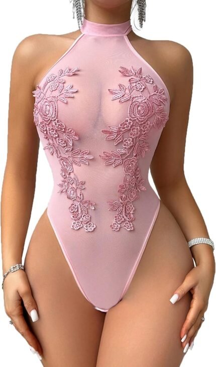 Ladies Teddy Lingerie Attractive Mesh Bodysuit Halter Snap Crotch Physique Fits Sheer Emboroidered One Piece Babydoll