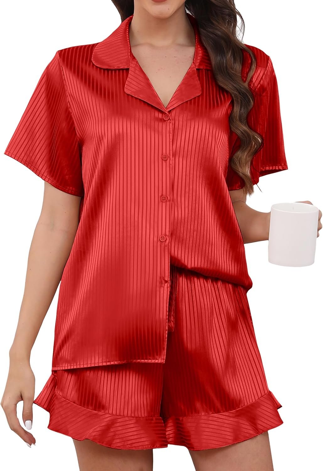 Ladies’s Satin Pajamas, Brief Sleeve Prime and Shorts Sleepwear Set Pajamas,Relaxed 2-Piece Pajamas XS-XXL