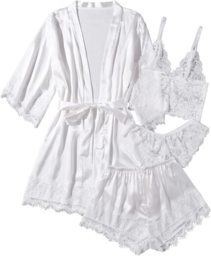 SOLY HUX Ladies’s Satin Pajama Set 4pcs Floral Lace Trim Cami Lingerie Sleepwear with Gown