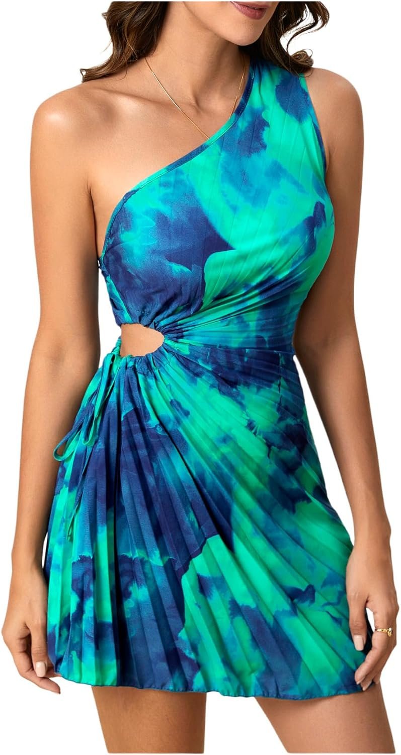 MakeMeChic Girls’s Summer season Gown 2025 Tie Dye One Shoulder Mini Gown Pleated Minimize Out Wedding ceremony Visitor Attire